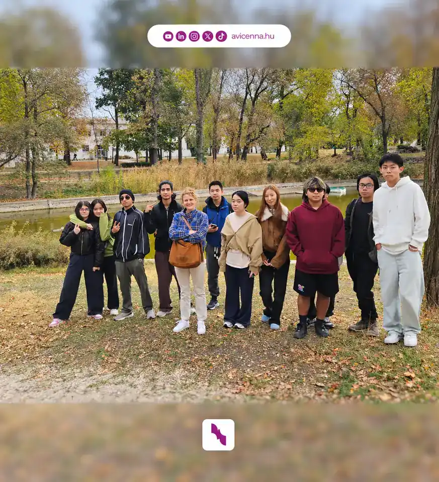 AIC students beside the lake during the Orczy Park treasure hunt in Budapest.