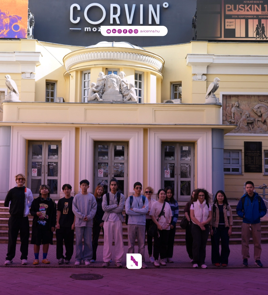 AIC students gathered outside Corvin Cinema in Budapest during their visit to Corvin köz. AIC Students at Corvin köz